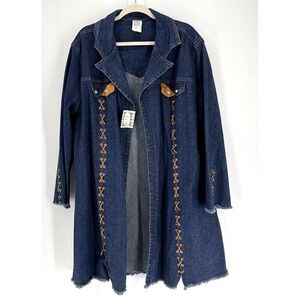 Denim Duster Western Style Jacket Leather Laces Festival Boho Blue Womens 2XL